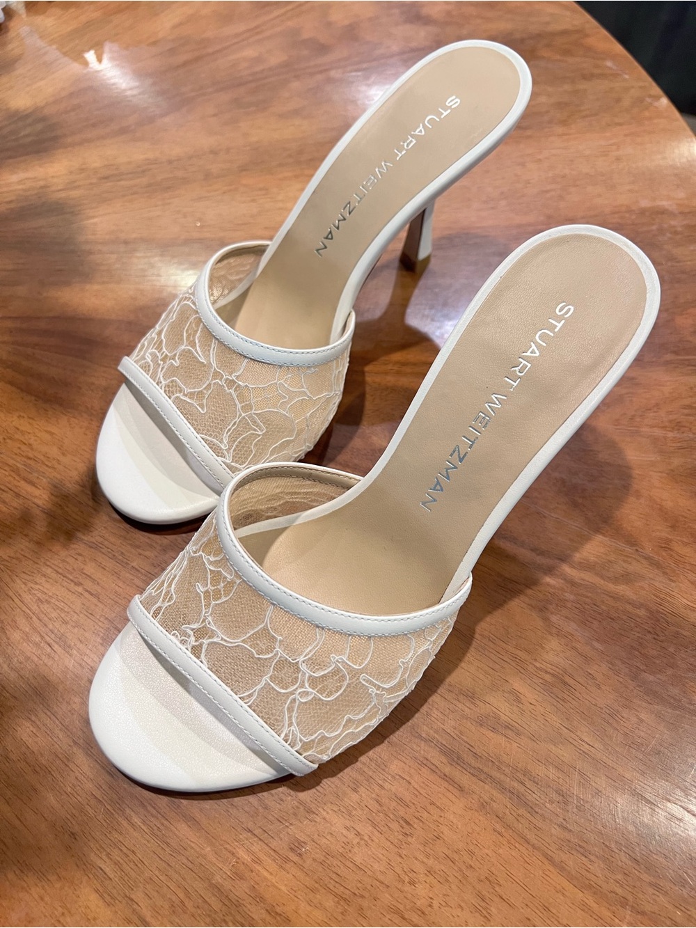 Stuart Weitzman White Lace Mesh Slide Heels